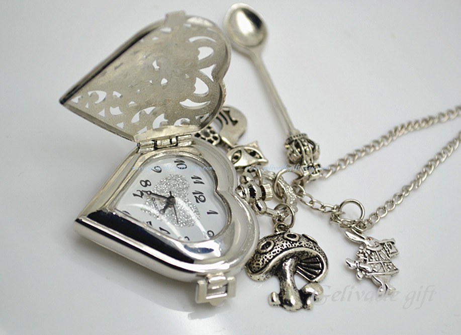 Alice In Wonderland- Alice Love Heart Locket Pocket Watch Necklace,with ...