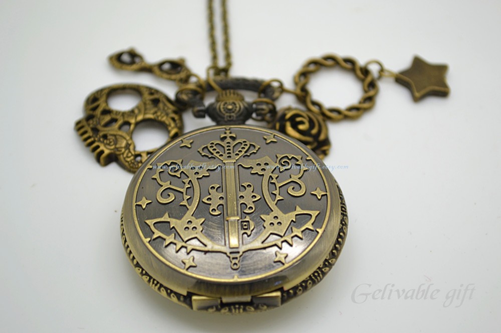 Anime Black Butler Pocket Watch Necklace,with Skull,glasses,chain,star And Rose Pendants